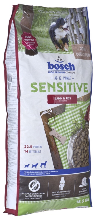 Sausā suņu barība Bosch PetFood Sensitive, jēra gaļa/rīsi, 15 kg