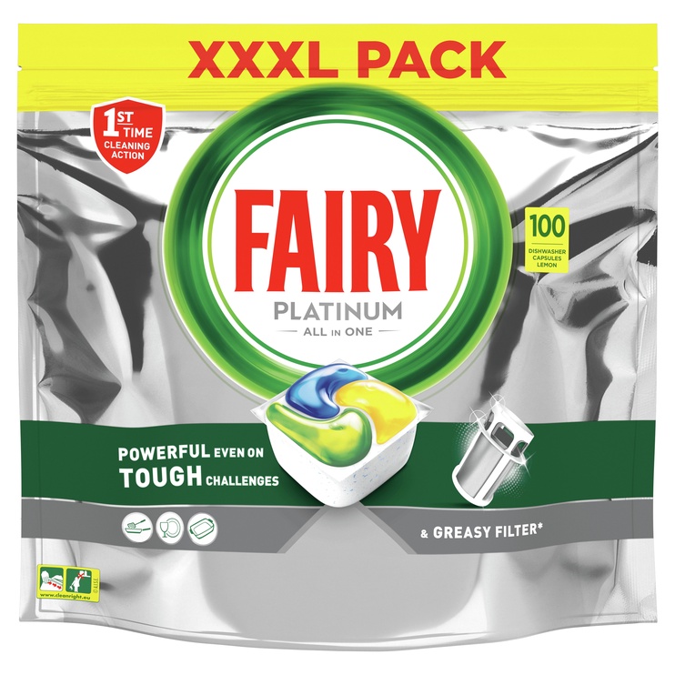 Trauku mazgājamās mašīnas kapsulas Fairy Platinum Lemon, 100 gab.