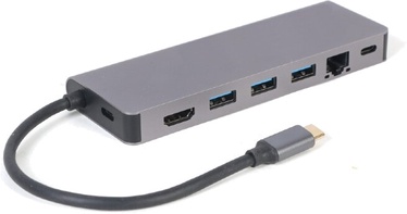 Adapteris Gembird A-CM-COMBO5-05 USB-C Male (vyriška), 3xUSB 3.0/HDMI/RJ-45/SD/MicroSD/PD Female (moteriška), 0.15 m, pilka