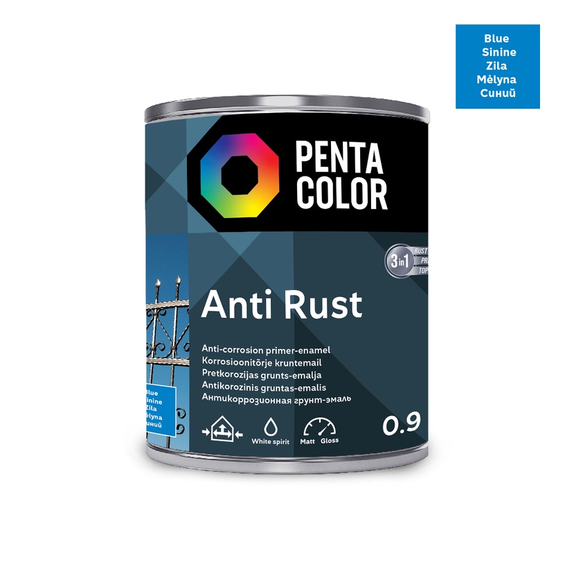 Emailvärv, korrosioonivastane metallkonstruktsioonidele Pentacolor Anti Rust, poolläikiv, 0.9 l, sinine