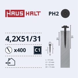 Isekeermestavad kruvid Haushalt DIN 14566, 4.2 mm x 51 mm, 400 tk