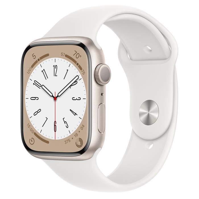 Nutikell Apple Watch Series 8 GPS 45mm Silver Aluminium Case with White Sport Band - Regular, hõbe
