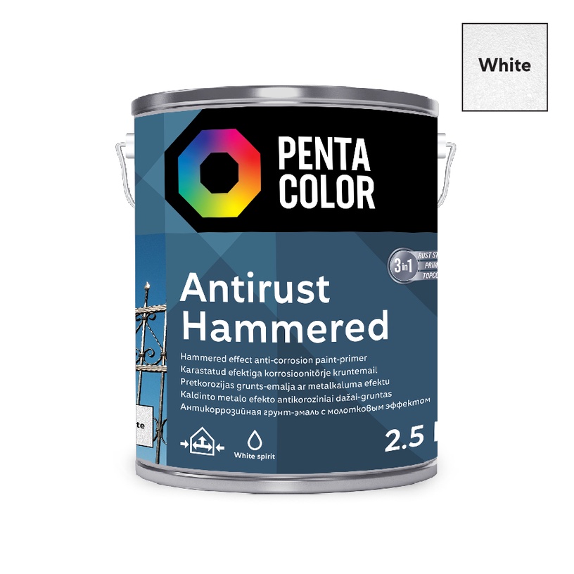 Emailvärv, universaalsed Pentacolor Anti Rust Hammered, läikiv, 2.5 l, valge