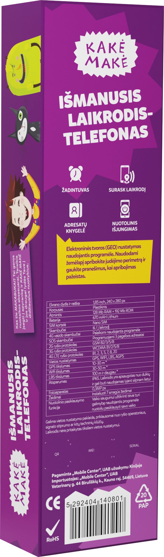 Viedais pulkstenis Kakė Makė KAKĖ MAKĖ 4G/Lte IP65, melna