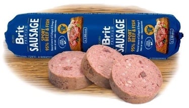Mitrā barība (konservi) suņiem Brit Premium Beef & Fish Sausage, liellopa gaļa/zivs, 0.8 kg