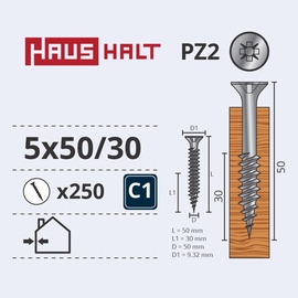 Саморез по дереву Haushalt PZ2, 5 x 50 мм, белый, 250 шт.