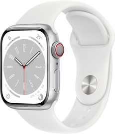 Nutikell Apple Watch Series 8 GPS + Cellular 41mm Silver Aluminium Case with White Sport Band - Regular, hõbe