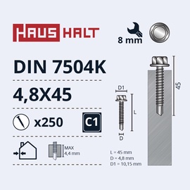 Pašvītņojošā skrūve Haushalt DIN 7504K, 4.8 mm x 45 mm, 250 gab.