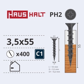 Puidukruvi Haushalt PH2, 3.5 x 55 mm, hall, 400 tk