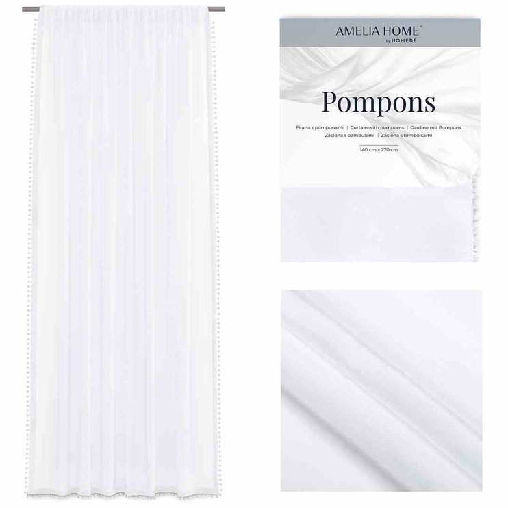 Дневные шторы AmeliaHome Pompons Pleat, белый, 270 см x 140 см