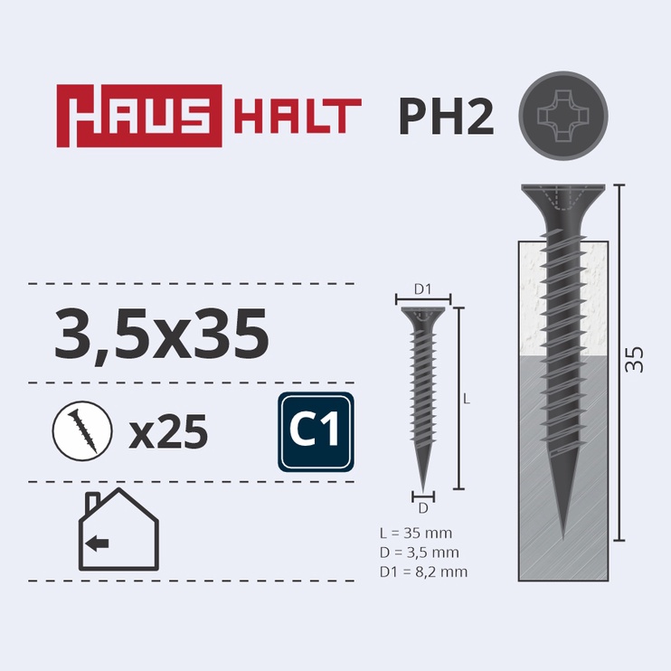 Koka skrūve Haushalt PH2, 3.5 x 35 mm, pelēka, 25 gab.