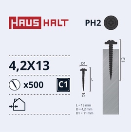 Pašvītņojošā skrūve Haushalt DIN 14566, 4.2 mm x 13 mm, 500 gab.