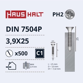 Pašvītņojošā skrūve Haushalt DIN 7504P, 3.9 mm x 25 mm, 500 gab.