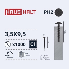 Pašvītņojošā skrūve Haushalt DIN 7981C, 3.5 mm x 9.5 mm, 1000 gab.