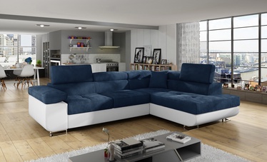 Stūra dīvāns Anton Kronos 09 & Soft 17, balta/tumši zila, labais, 202 x 275 cm x 90 cm