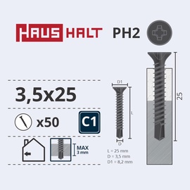 Koka skrūve Haushalt, 3.5 x 25 mm, pelēka, 50 gab.