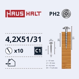 Pašvītņojošā skrūve Haushalt DIN 14566, 4.2 mm x 51 mm/31 mm, 10 gab.