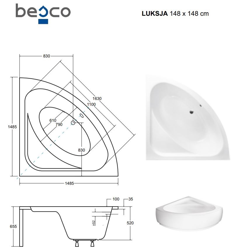 Vann, nurgaga Besco Luksja, 148 cm x 148 cm x 65.5 cm, nurga-
