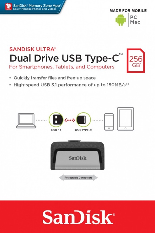 USB zibatmiņa SanDisk Ultra Dual, metāliska, 256 GB