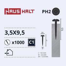 Isekeermestavad kruvid Haushalt DIN 7504N, 3.5 mm x 9.5 mm, 1000 tk