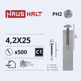 Pašvītņojošā skrūve Haushalt DIN 14566, 4.2 mm x 25 mm, 500 gab.