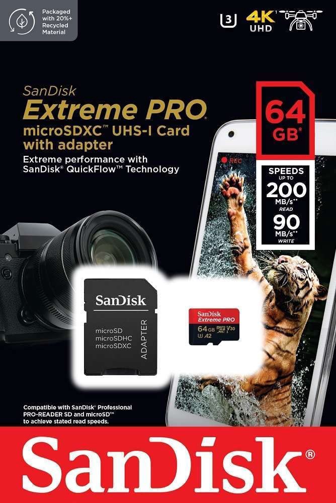 Mälukaart SanDisk Extreme Pro, 64 GB, 200 Mb/s - 90 Mb/s