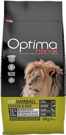 Kuiv kassitoit Optima Nova Cat Hairball Chicken & Rice, kanaliha/riis, 8 kg