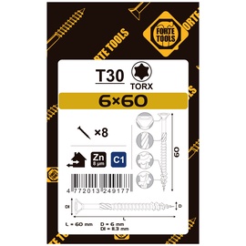 Puidukruvi Forte Tools, 6 x 60 mm, valge, 8 tk