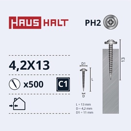 Isekeermestavad kruvid Haushalt DIN 14566, 4.2 mm x 13 mm, 500 tk