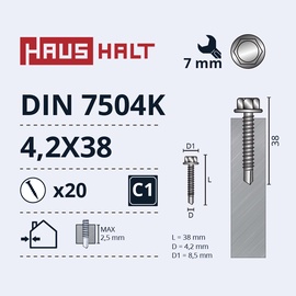 Isekeermestavad kruvid Haushalt DIN 7504K, 4.2 mm x 38 mm, 20 tk