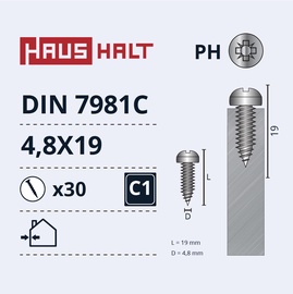 Pašvītņojošā skrūve Haushalt DIN7981C, 4.8 mm x 19 mm, 30 gab.
