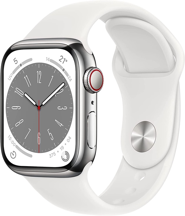 Nutikell Apple Watch Series 8 GPS 45mm Silver Aluminium Case with White Sport Band - Regular, hõbe