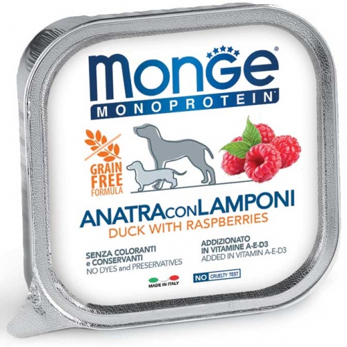 Mitrā barība (konservi) suņiem Monge Monoprotein Duck/Raspberries, pīles gaļa, 0.15 kg