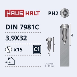 Pašvītņojošā skrūve Haushalt DIN 7981C, 3.9 mm x 32 mm, 15 gab.