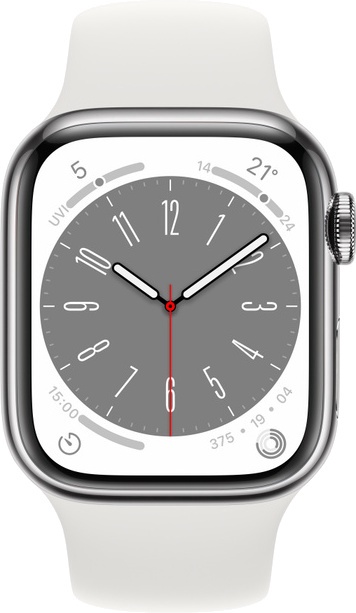 Nutikell Apple Watch Series 8 GPS + Cellular 41mm Silver Stainless Steel Case with White Sport Band - Regular, hall