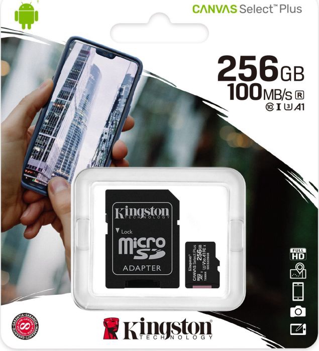 Карта памяти Kingston CL10 MICRO SD + ADAPTER SDCS2/128GB, 256 GB, 100 Мб/с - 85 Мб/с