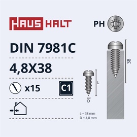 Isekeermestavad kruvid Haushalt DIN 7981C, 4.8 mm x 38 mm, 15 tk