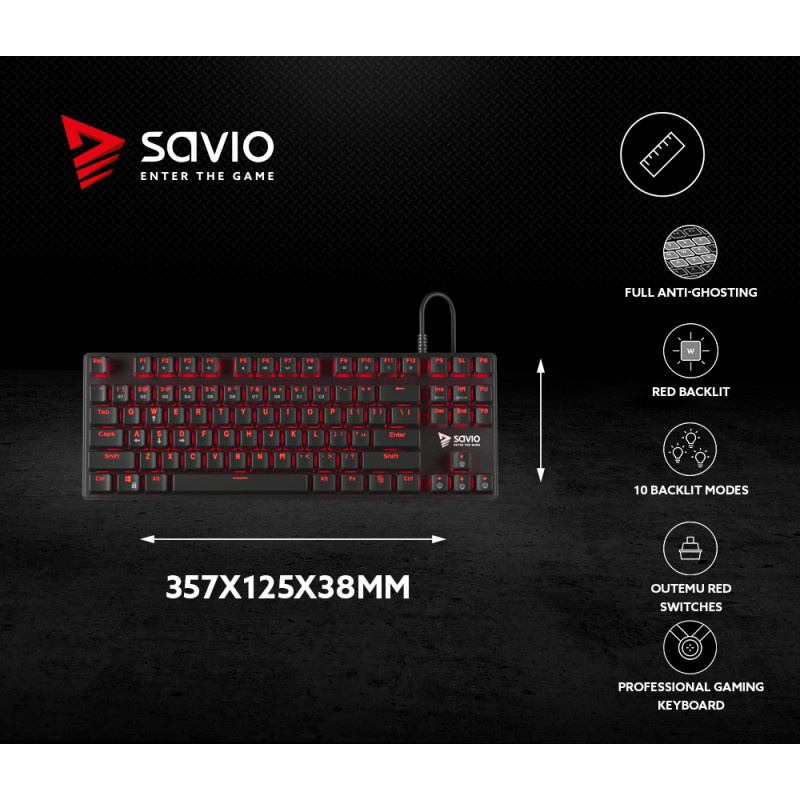 Клавиатура Savio Tempest Outemu Red, EN, черный