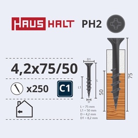 Puidukruvi Haushalt PH2, 4.2 x 75 mm, hall, 250 tk