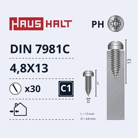 Саморез Haushalt DIN7981C, 4.8 мм x 13 мм, 30 шт.
