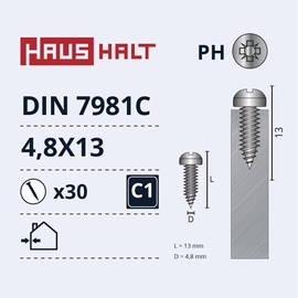 Isekeermestavad kruvid Haushalt DIN7981C, 4.8x13 mm, 30 tk