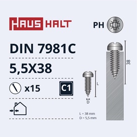 Isekeermestavad kruvid Haushalt DIN 7981C, 5.5 mm x 38 mm, 15 tk