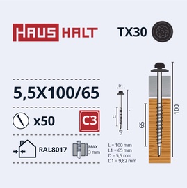 Pašvītņojošā skrūve Haushalt DIN 7504N, 5.5 mm x 100 mm/65 mm, 50 gab.