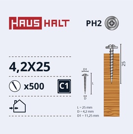 Pašvītņojošā skrūve Haushalt DIN 14566, 4.2 mm x 25 mm, 500 gab.