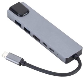 Dokstacija Estuff USB-C 6-in-1 Mobile Hub USB-C male, 2 x USB-C/HDMI/2 x USB/RJ-45 female, pelēka