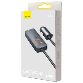 Automobilinis įkroviklis Baseus CCBT-A0G, USB Type C/DC/2 x USB, 1.5 m, juoda/pilka, 120 W