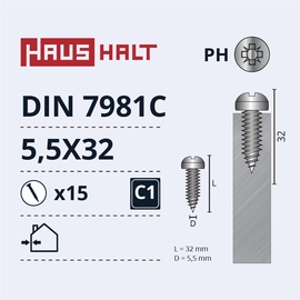 Pašvītņojošā skrūve Haushalt DIN 7981C, 5.5 mm x 32 mm, 15 gab.