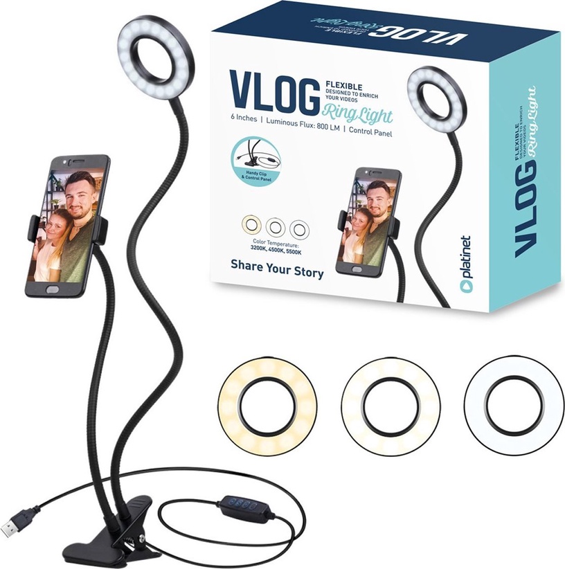 Кольцевая лампа с держателем для телефона Platinet PMRL3 LED Ring Light, черный