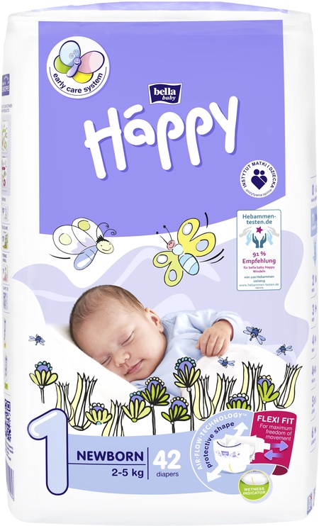 Sauskelnės Happy Newborn, 1 dydis, 2 - 5 kg, 42 vnt.