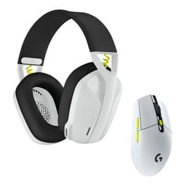 Mänguri kõrvaklapid arvutimängude jaoks, kõrvapealsed, juhtmevabad Logitech Logitech ausinės G435 + Logitech pelė G305, valge/kollane